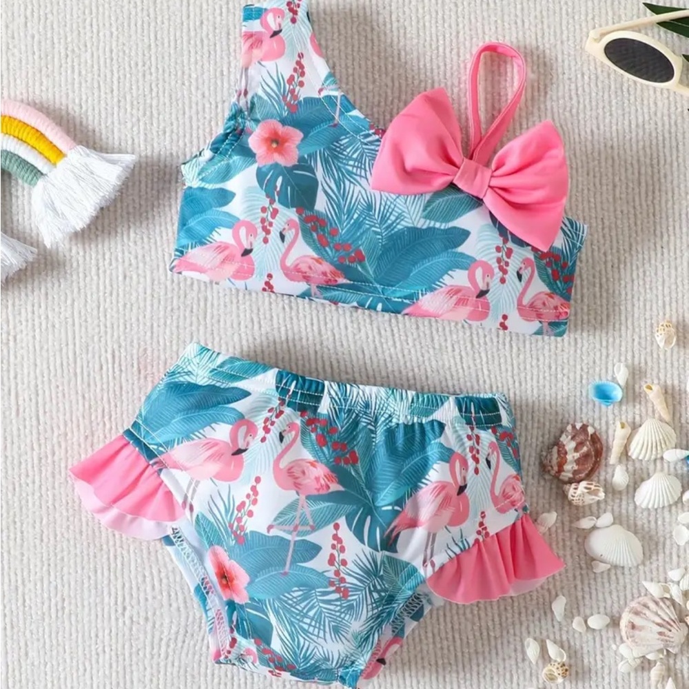 New in the package Flamingo Print Bikini Set with Pink Bow